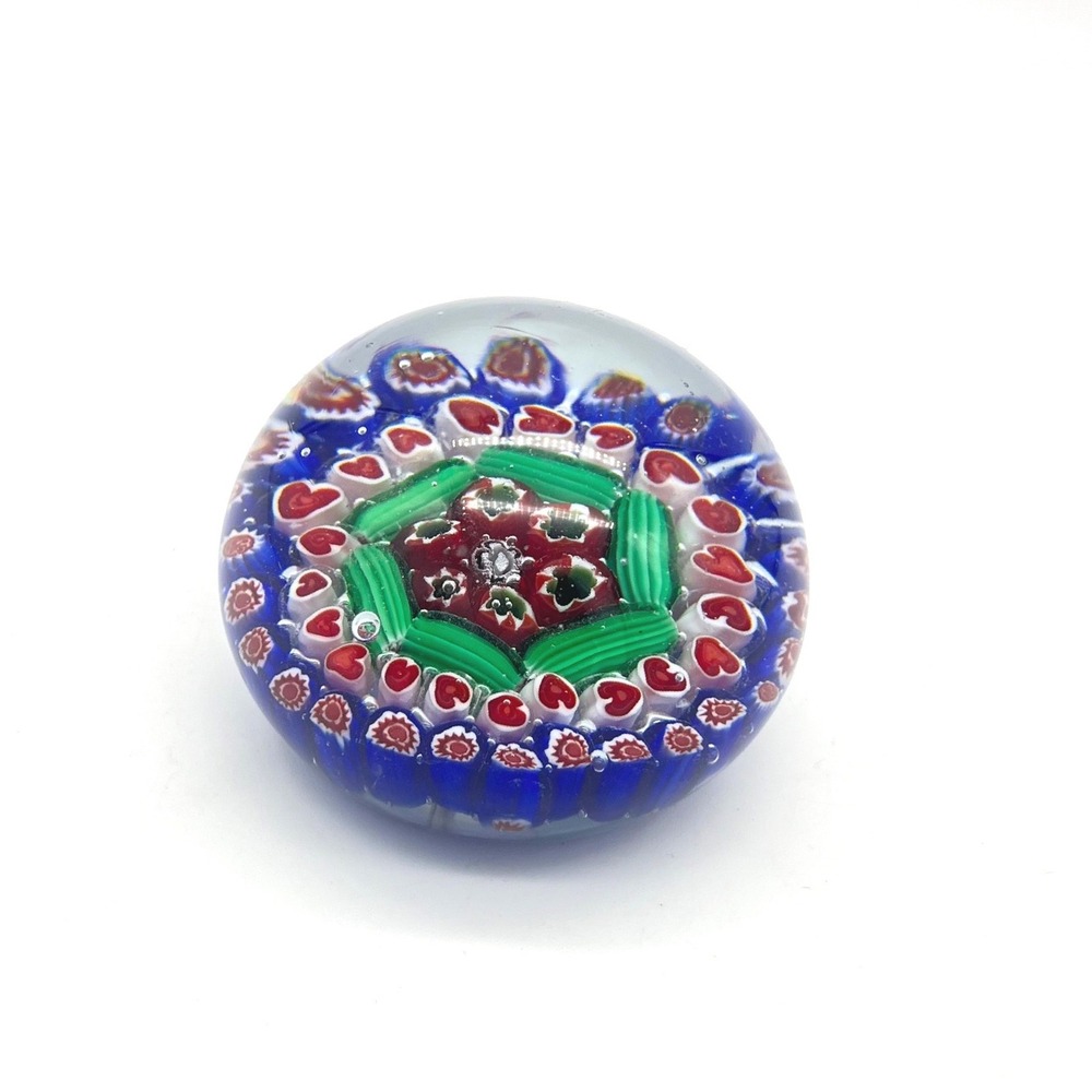 Millefiori Art Glass Paperweight Red Hearts Green Blue Concentric Mosaic